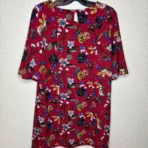 Umgee Red Floral Office Casual Flirty Flutter Sleeves Dress Women's Size…